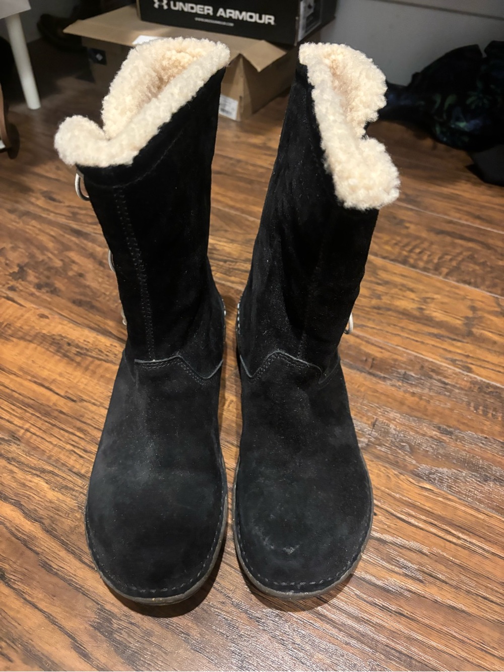 UGG Black Suede Mid-Calf Boots with Cream Shearling Trim